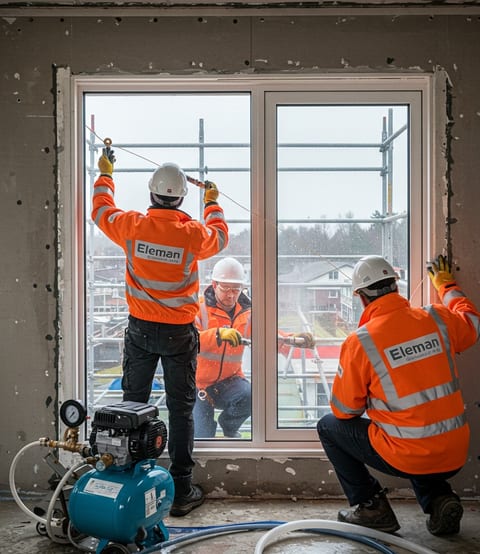 Technician performing airtightness test on a window frame